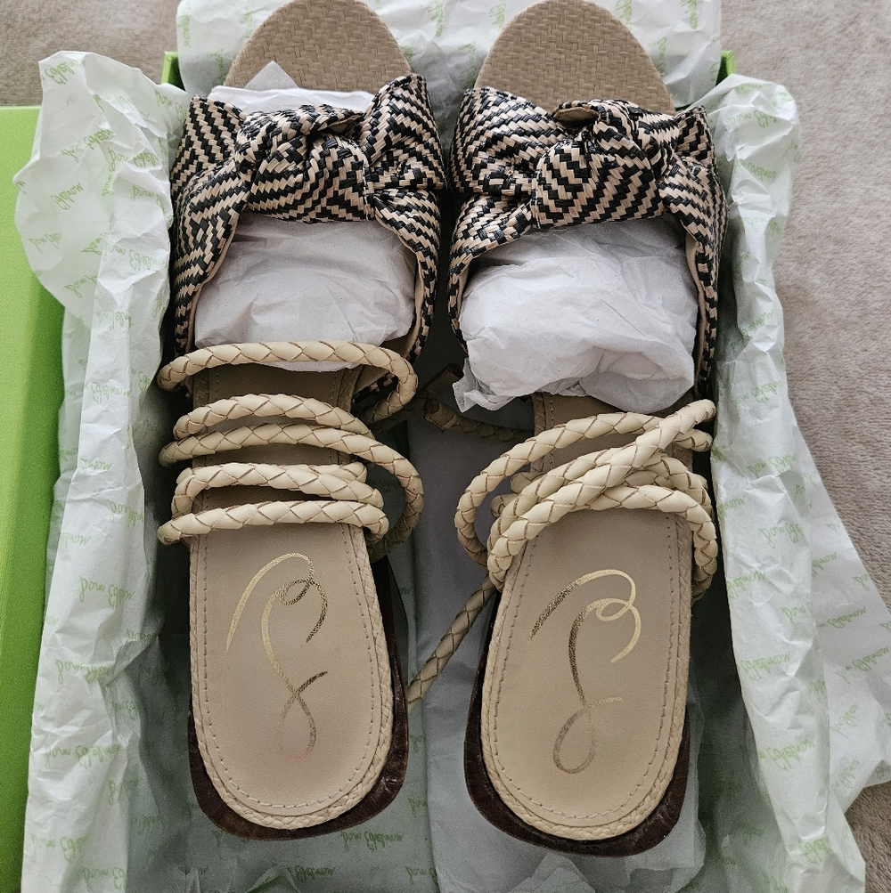 Sam Edelman Woven Bow Lace-Up Sandals in Black and Cream
